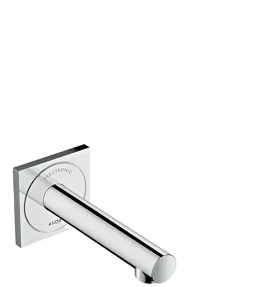 Wandmontierter, verchromter Wasserhahn von AXOR mit einem runden Auslauf und quadratischer Montageplatte.